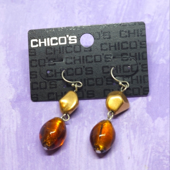 Chico's Amber & Gold Tone Beaded Dangle Earrings - Picture 1 of 3